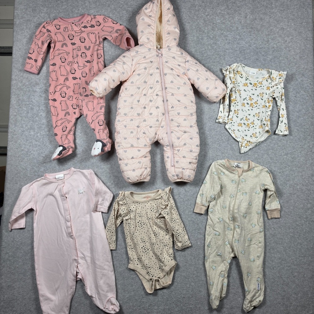Lot of 6 Baby Girl Clothes Size 3 Months One Piece Plus Fleece Lined Jacket Mix
